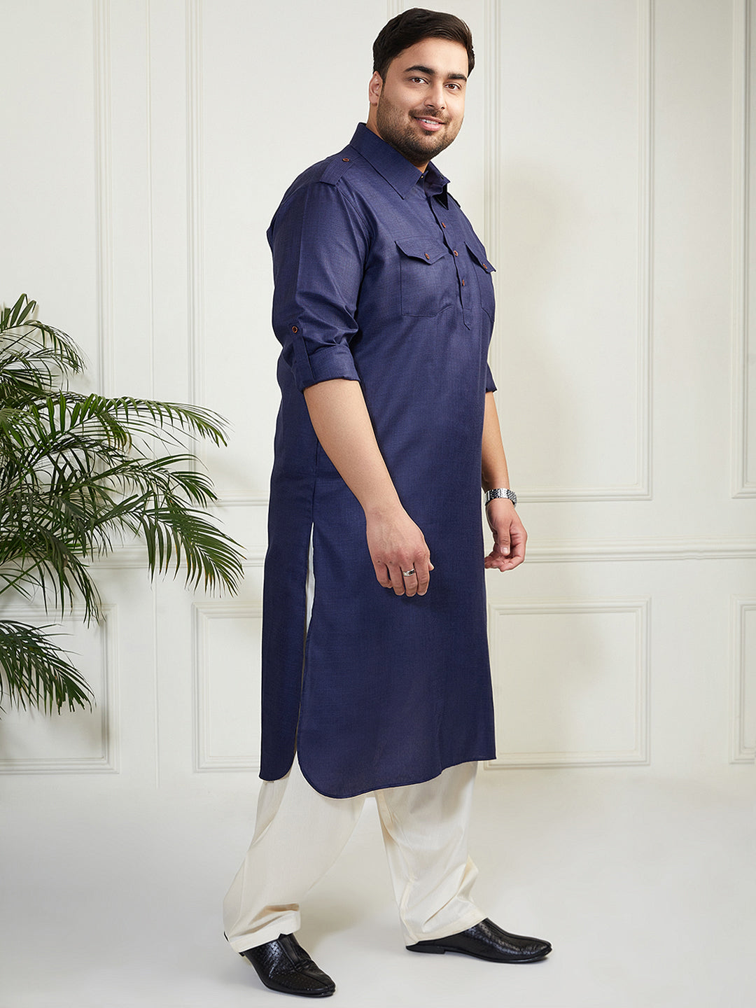 Plus Men's Blue And Cream Cotton Blend Pathani Kurta Set
