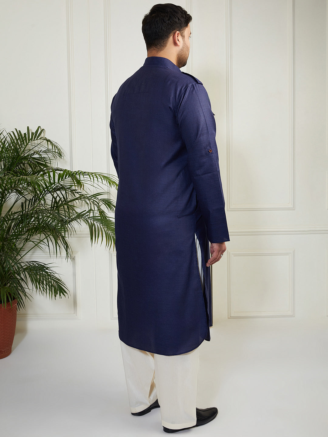 Plus Men's Blue And Cream Cotton Blend Pathani Kurta Set