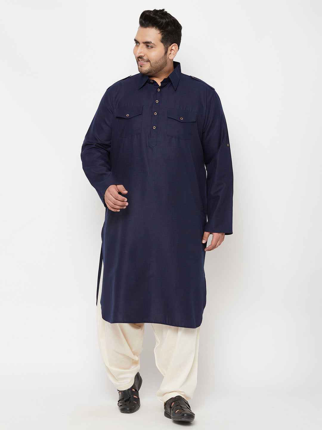 VASTRAMAY Men's Plus Size Blue and Cream Cotton Blend Pathani Set, traditional Indian attire for special occasions and cultural events