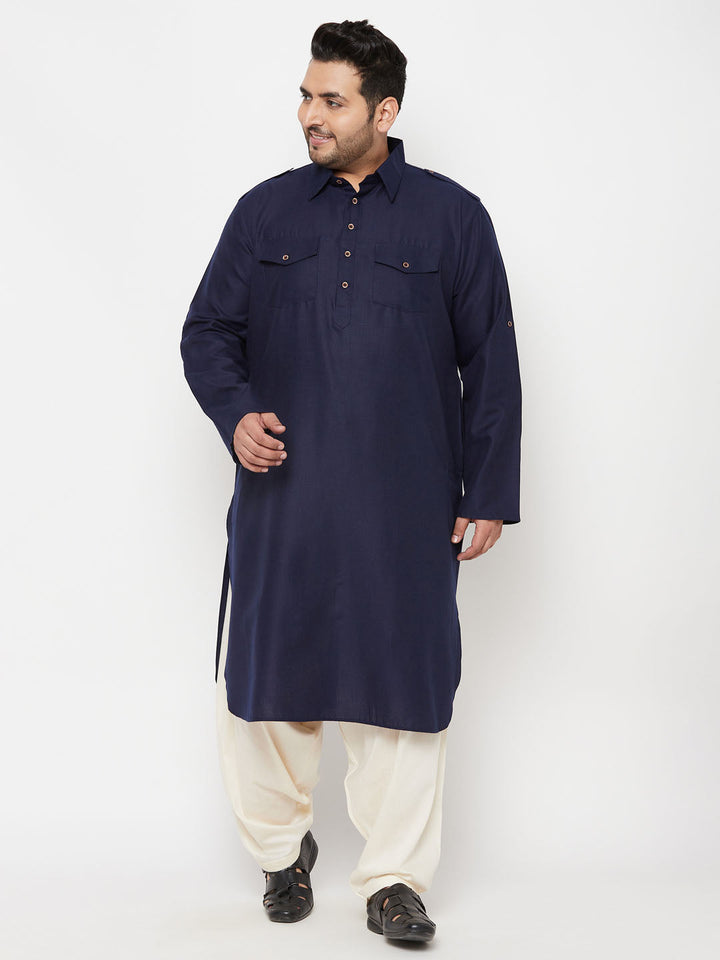 VASTRAMAY Men's Plus Size Blue and Cream Cotton Blend Pathani Set