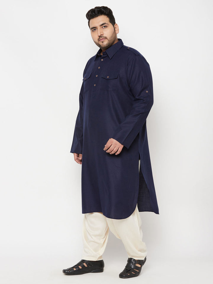 VASTRAMAY Men's Plus Size Blue and Cream Cotton Blend Pathani Set - Traditional Indian outfit for men in larger sizes, perfect for special occasions