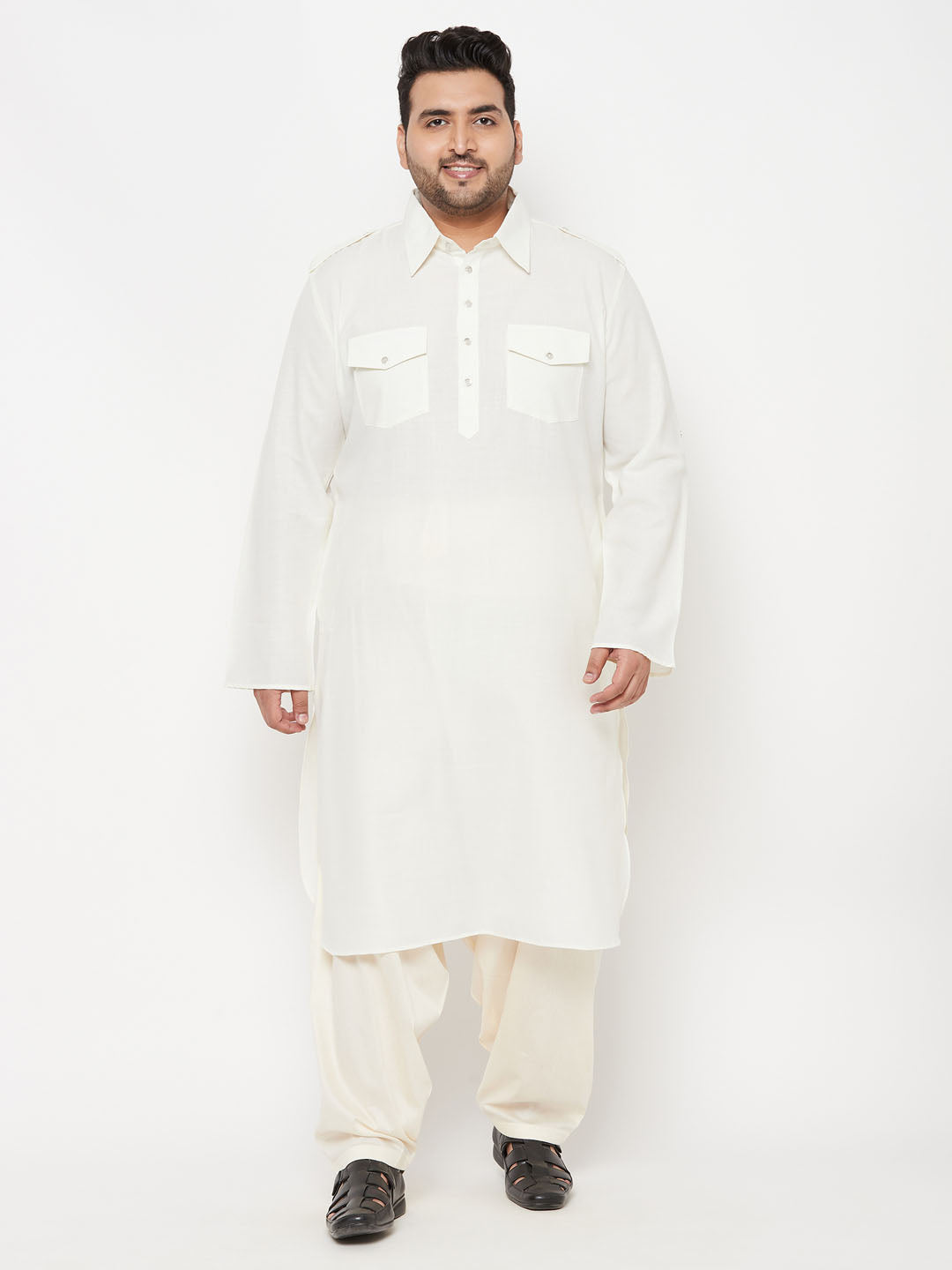 VASTRAMAY Men's Plus Size Cream Cotton Blend Pathani Set