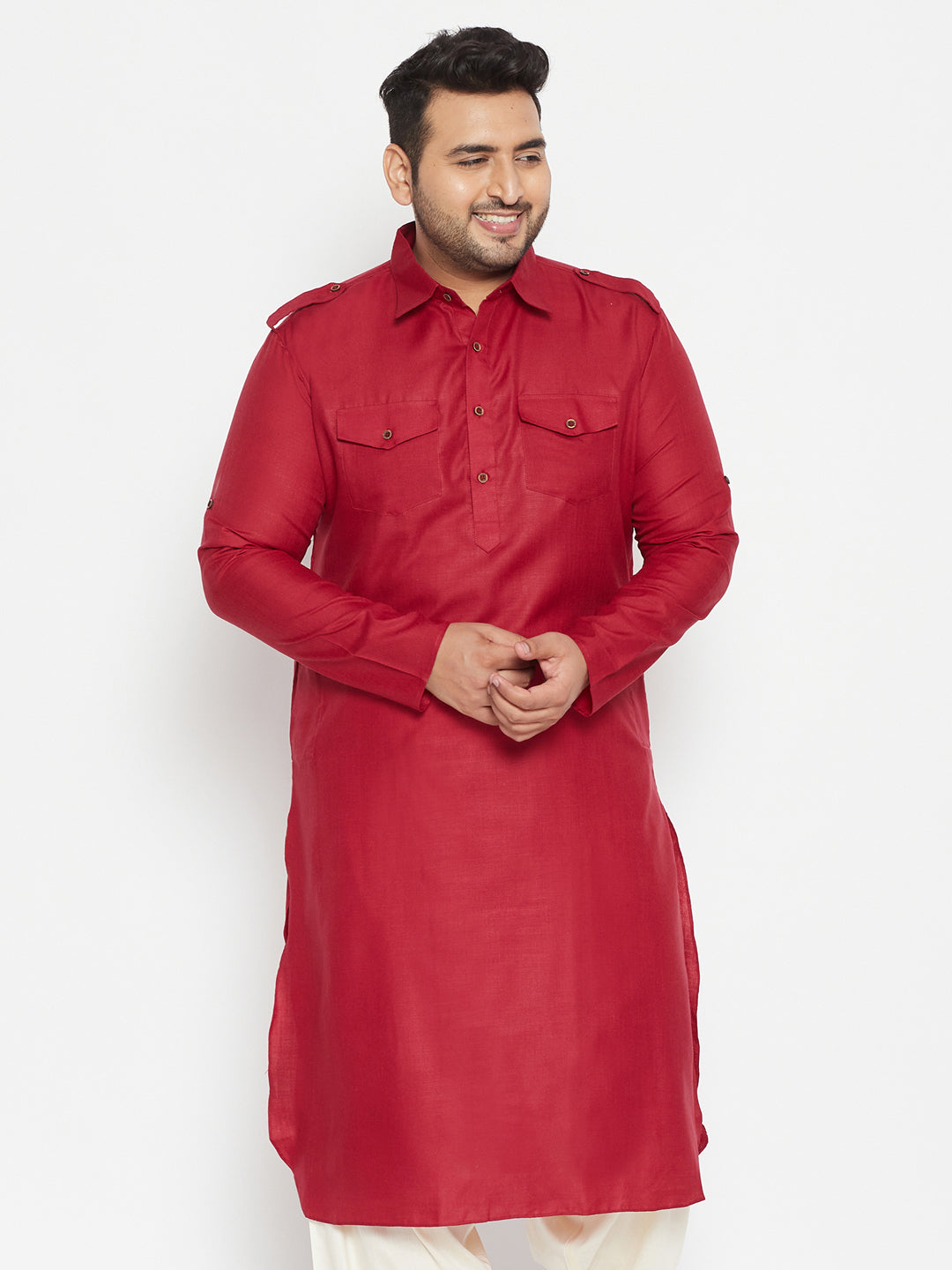 VASTRAMAY Men's Plus Size Maroon Cotton Blend Pathani Kurta with traditional Indian style