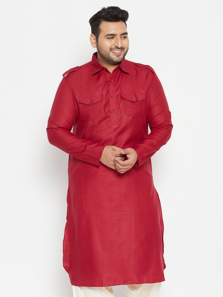 VASTRAMAY Men's Plus Size Maroon Cotton Blend Pathani Kurta with traditional Indian style