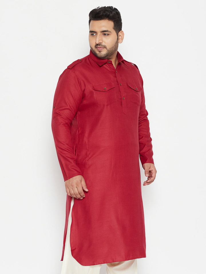 VASTRAMAY Men's Plus Size Maroon Cotton Blend Pathani Kurta with mandarin collar and front placket