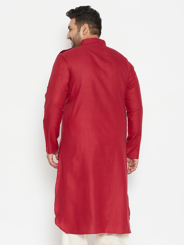 Men's maroon cotton blend Pathani Kurta with full sleeves and side slits