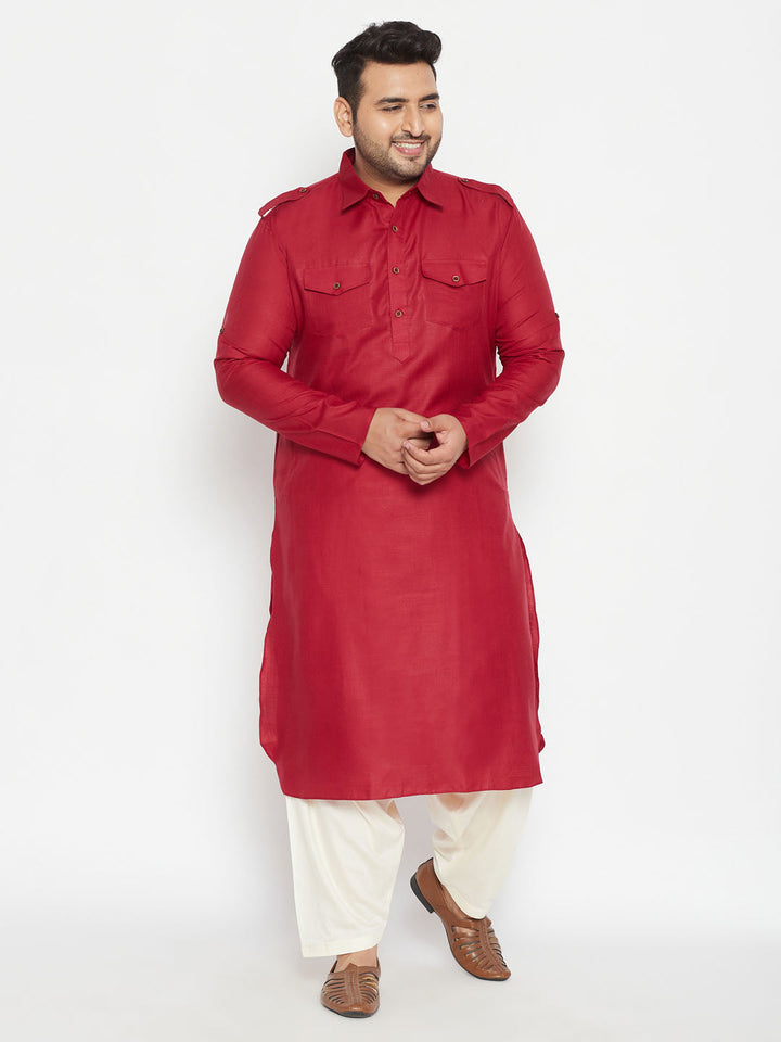 VASTRAMAY Men's Plus Size Maroon and Cream Cotton Blend Pathani Set