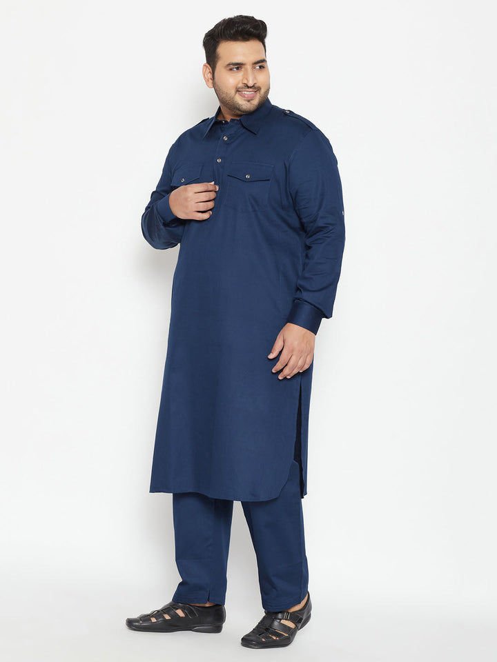 VASTRAMAY Men's Plus Size Blue Cotton Blend Pathani Set