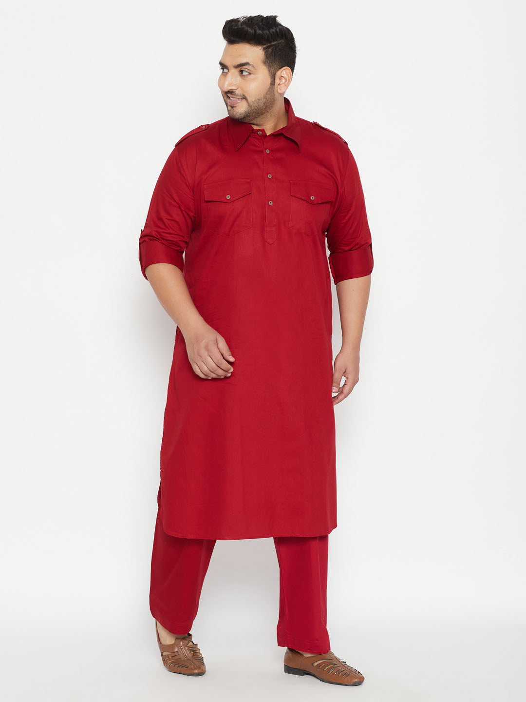 VASTRAMAY Men's Plus Size Maroon Cotton Blend Pathani Set