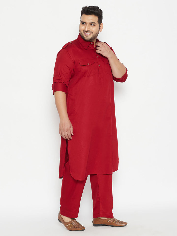 VASTRAMAY Men's Plus Size Maroon Cotton Blend Pathani Set