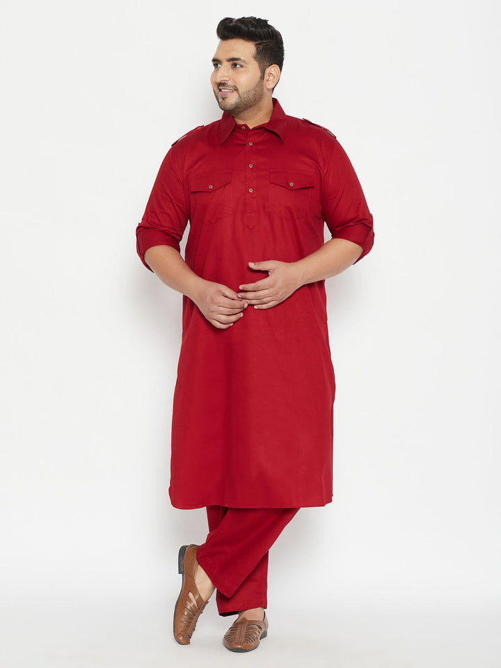 VASTRAMAY Men's Plus Size Maroon Cotton Blend Pathani Set