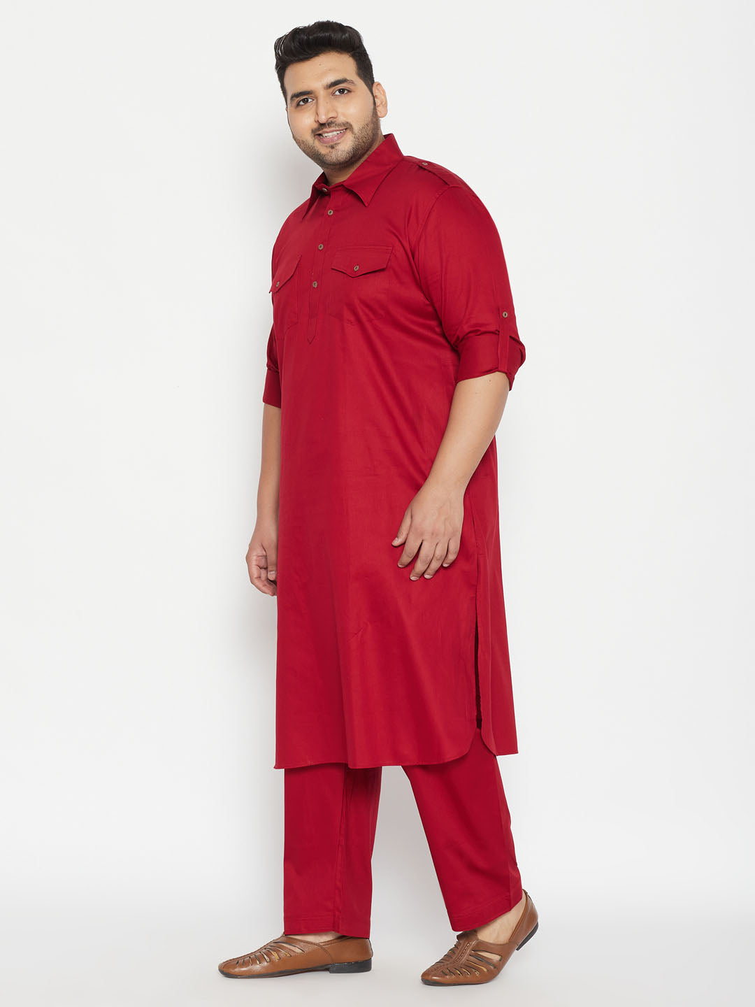 VASTRAMAY Men's Plus Size Maroon Cotton Blend Pathani Set