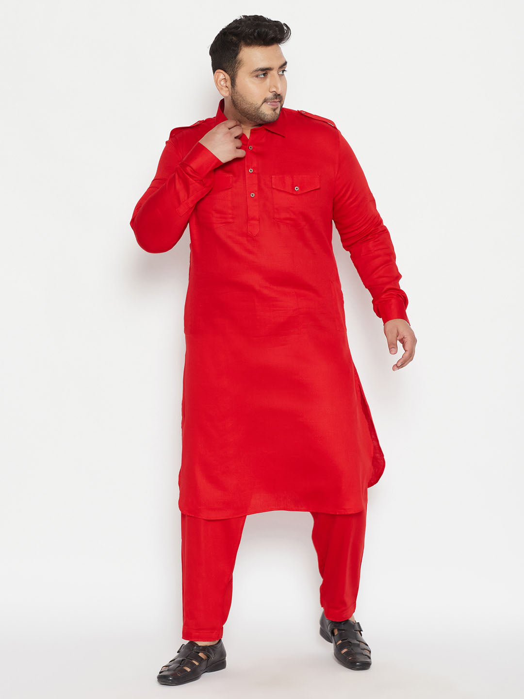 VASTRAMAY Men's Plus Size Red Cotton Blend Pathani Set, traditional Indian outfit for men, includes kurta and salwar, perfect for festive occasions