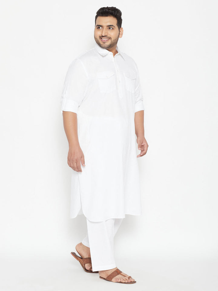 VASTRAMAY Men's Plus Size White Cotton Blend Pathani Set