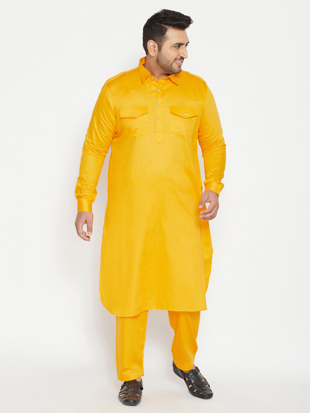 Stylish and comfortable Pathani Set in yellow for men of all sizes