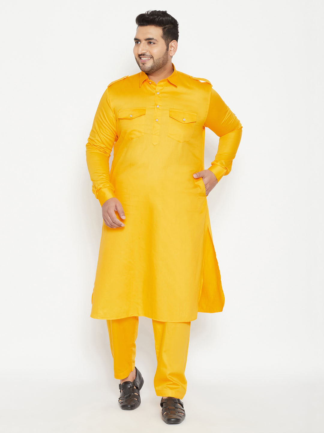 Plus size men's Pathani Set in vibrant yellow color