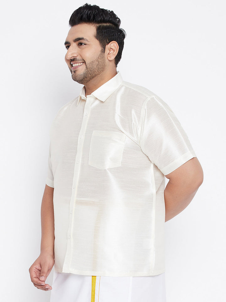 VASTRAMAY Men's Plus Size Cream Silk Blend Ethnic Shirt