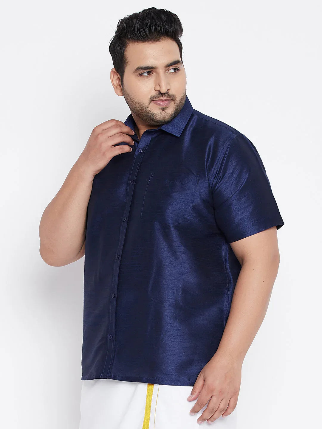 Men's Plus Size Navy Blue Silk Blend Ethnic Shirt