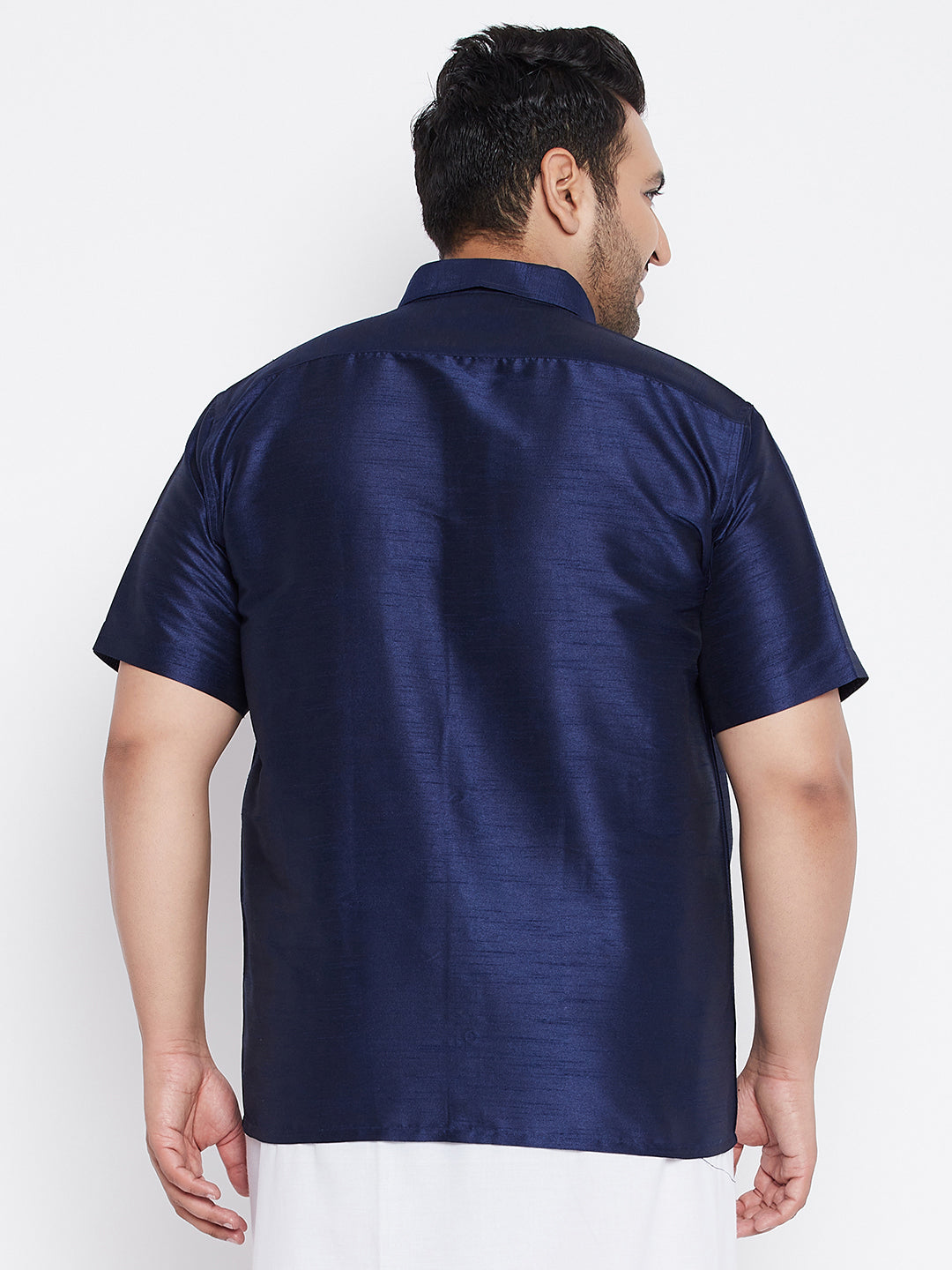 VASTRAMAY Men's Plus Size Navy Blue Silk Blend Ethnic Shirt