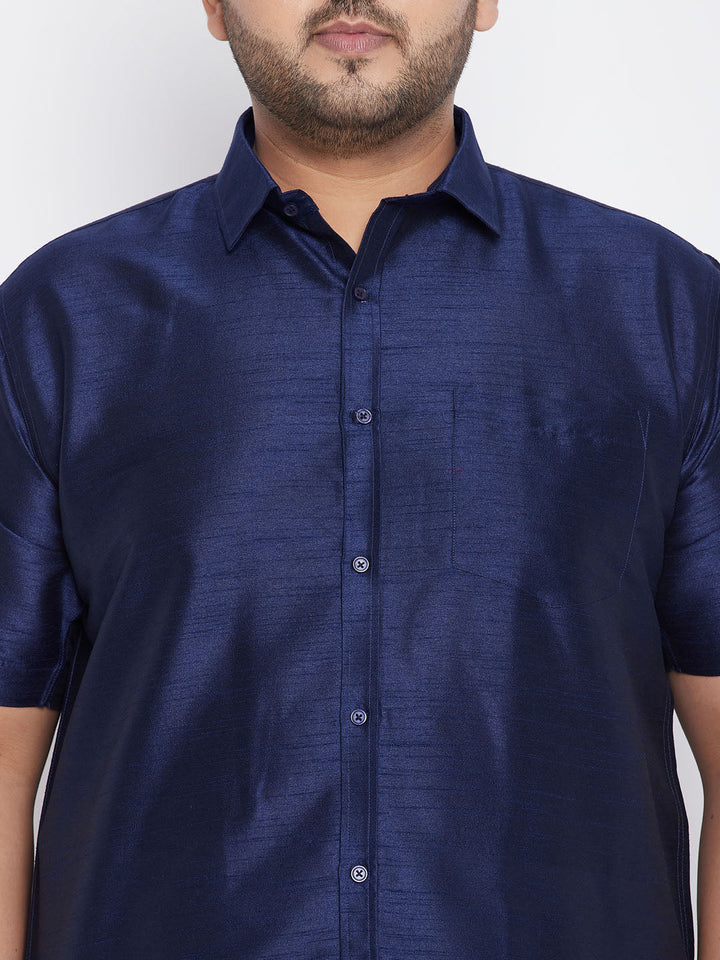 VASTRAMAY Men's Plus Size Navy Blue Silk Blend Ethnic Shirt