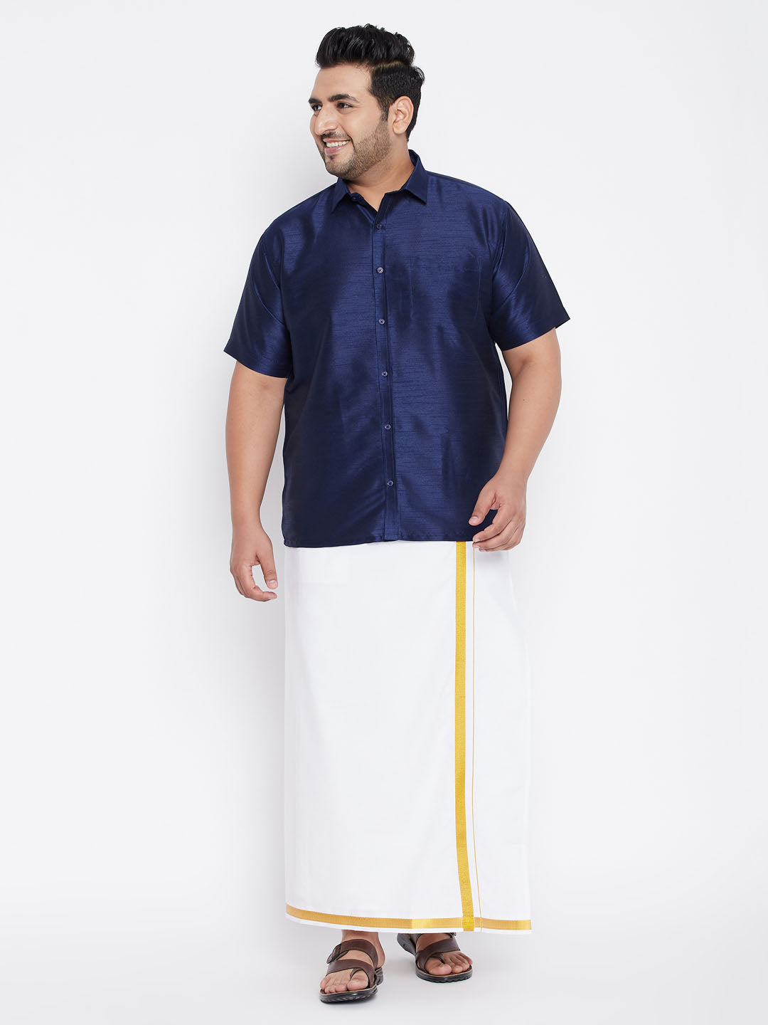 VASTRAMAY Men's Plus Size Navy Blue Silk Blend Ethnic Shirt