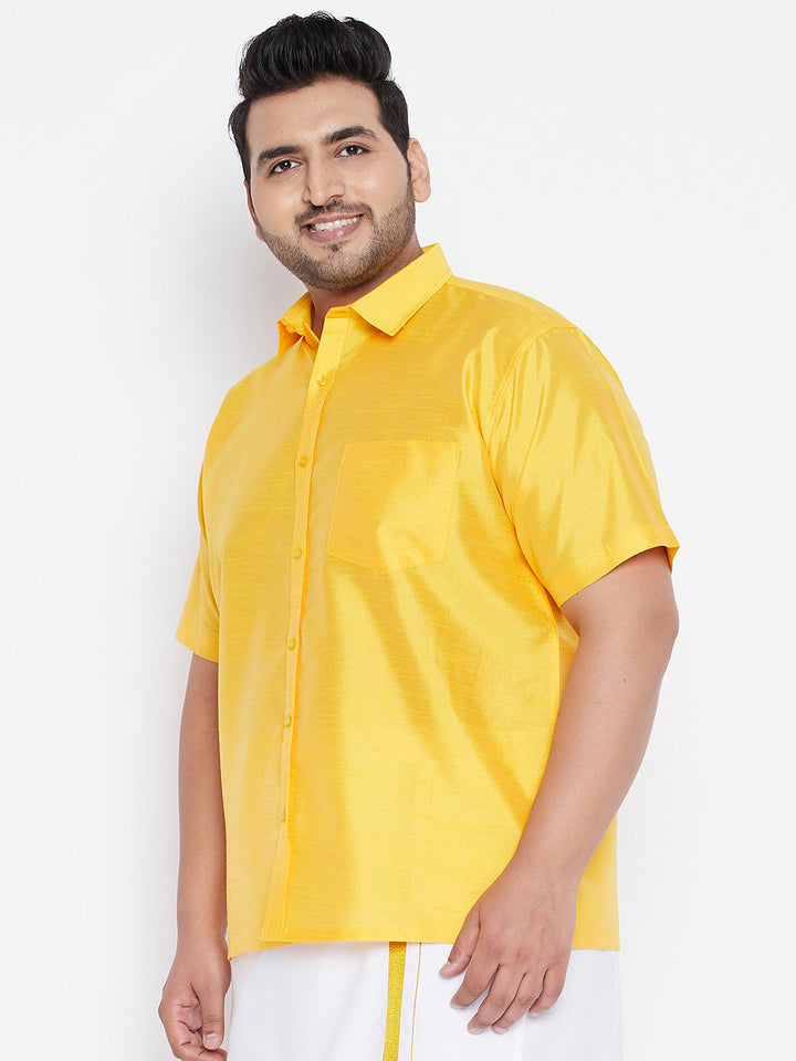 VASTRAMAY Men's Plus Size Yellow Silk Blend Ethnic Shirt