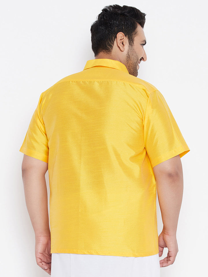 VASTRAMAY Men's Plus Size Yellow Silk Blend Ethnic Shirt