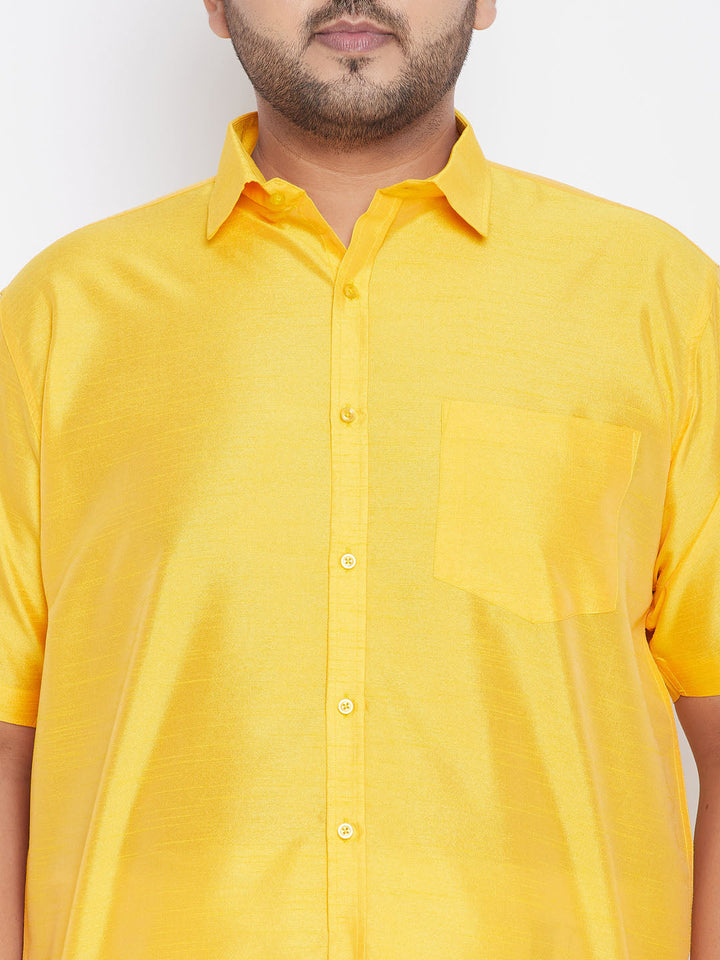 VASTRAMAY Men's Plus Size Yellow Silk Blend Ethnic Shirt