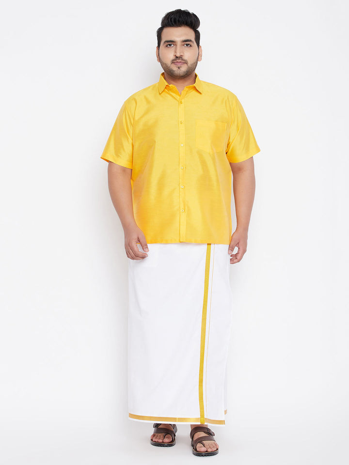 VASTRAMAY Men's Plus Size Yellow Silk Blend Ethnic Shirt