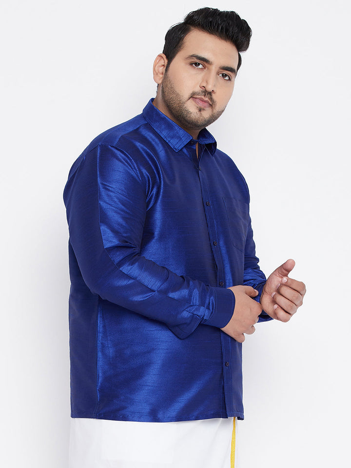 VASTRAMAY Men's Plus Size Blue Silk Blend Ethnic Shirt