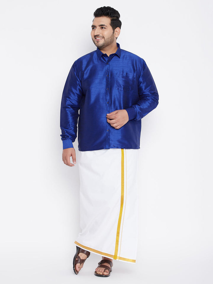 VASTRAMAY Men's Plus Size Blue Silk Blend Ethnic Shirt