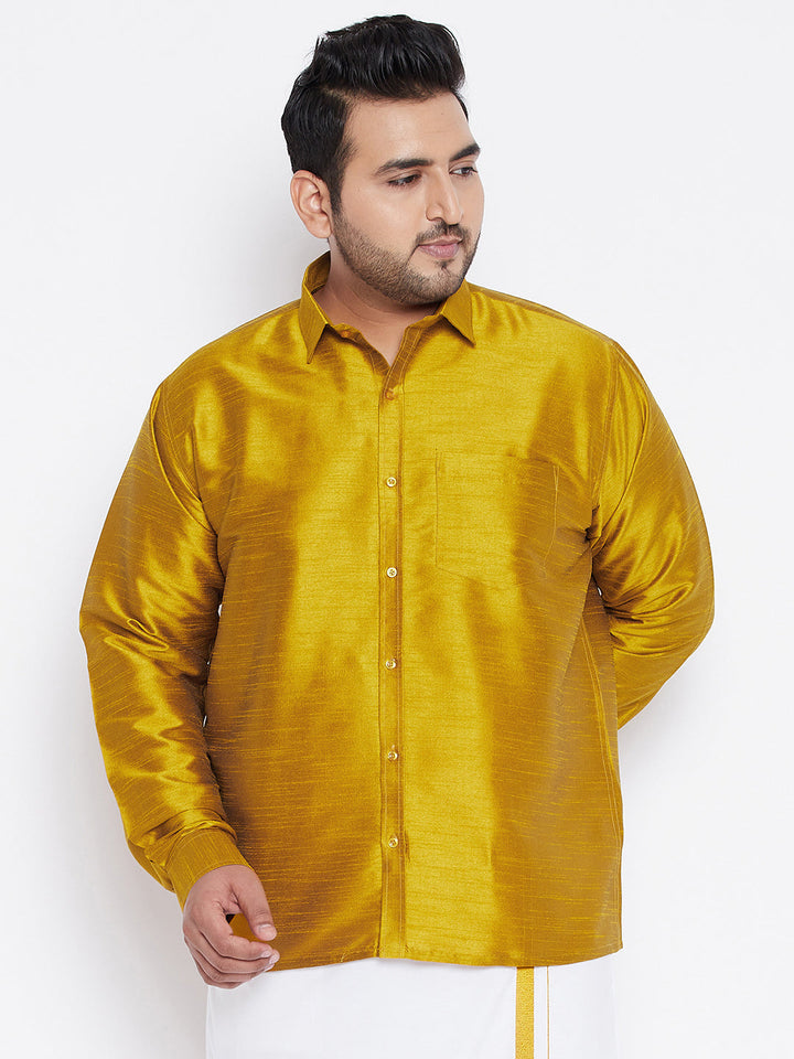 VASTRAMAY Men's Plus Size Mustard Silk Blend Ethnic Shirt