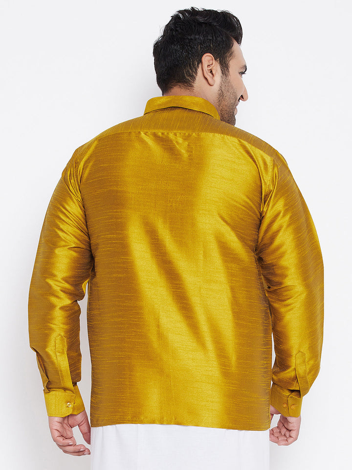 VASTRAMAY Men's Plus Size Mustard Silk Blend Ethnic Shirt