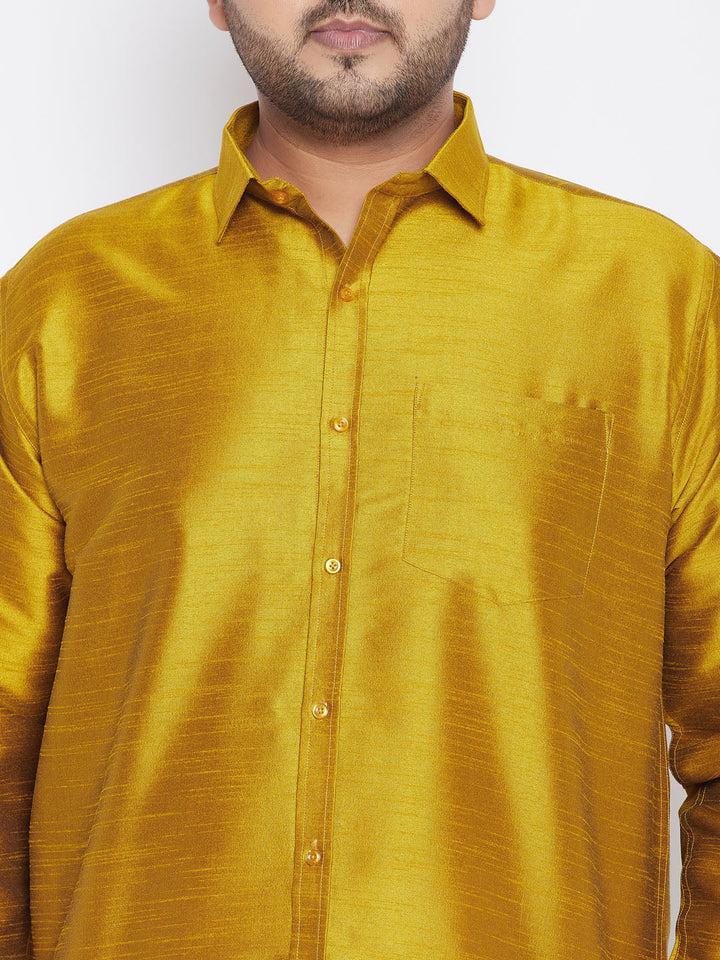 VASTRAMAY Men's Plus Size Mustard Silk Blend Ethnic Shirt