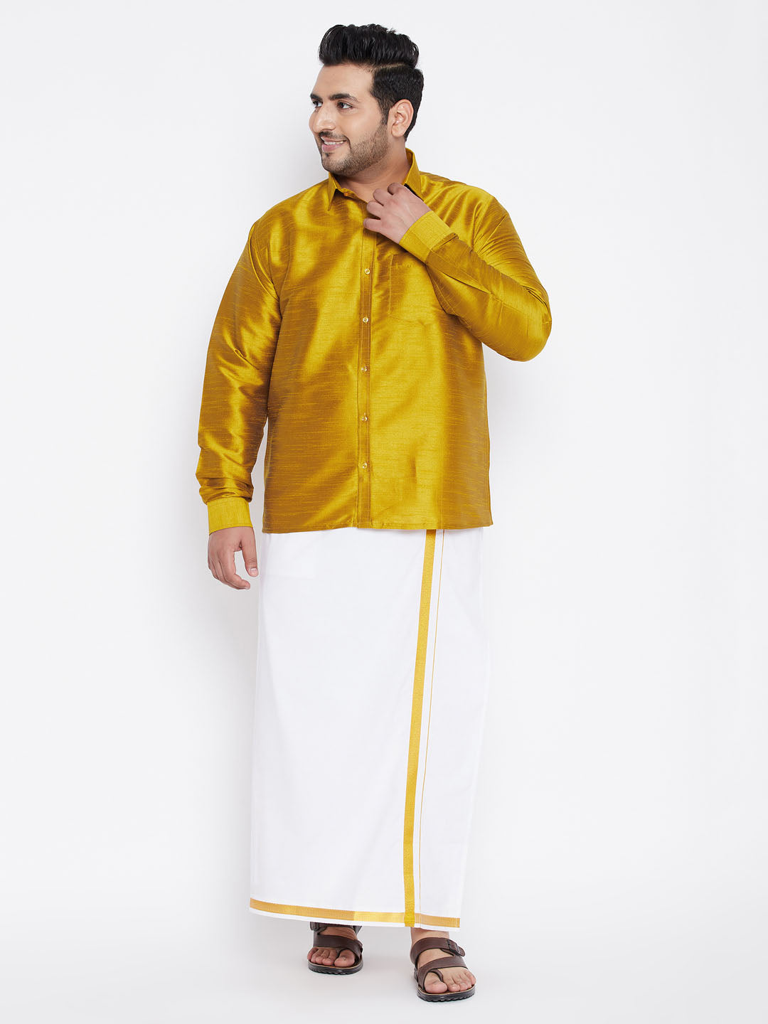 VASTRAMAY Men's Plus Size Mustard Silk Blend Ethnic Shirt