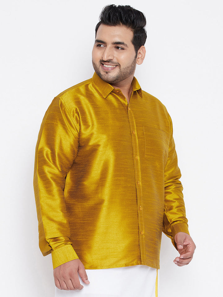 VASTRAMAY Men's Plus Size Mustard Silk Blend Ethnic Shirt