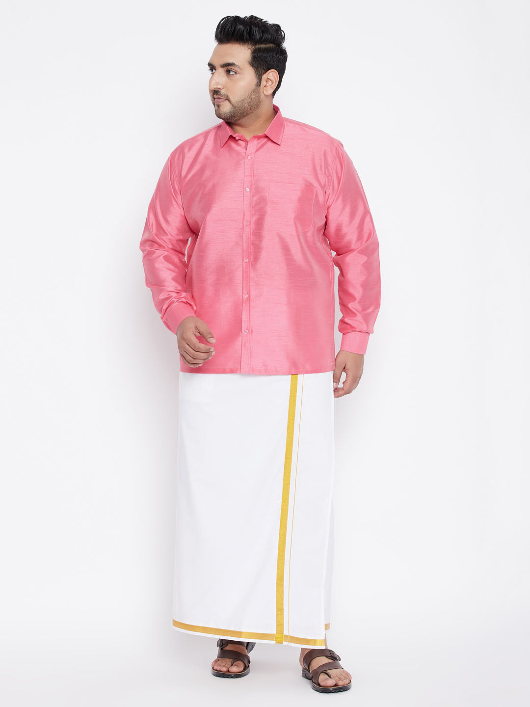 Men's Plus Size Pink Silk Blend Ethnic Shirt