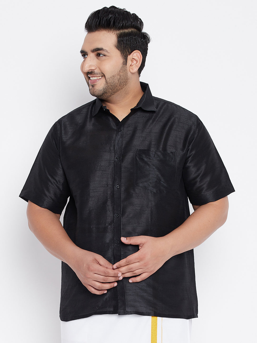 VASTRAMAY Men's Plus Size Black Silk Blend Ethnic Shirt with intricate traditional Indian embroidery and comfortable fit