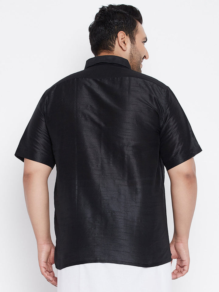 VASTRAMAY Men's Plus Size Black Silk Blend Ethnic Shirt with intricate design and comfortable fit for formal or casual occasions