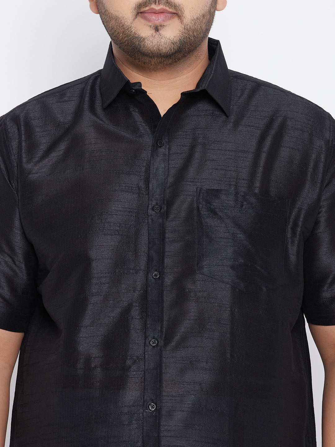 VASTRAMAY Men's Plus Size Black Silk Blend Ethnic Shirt with traditional Indian design and comfortable fit for special occasions