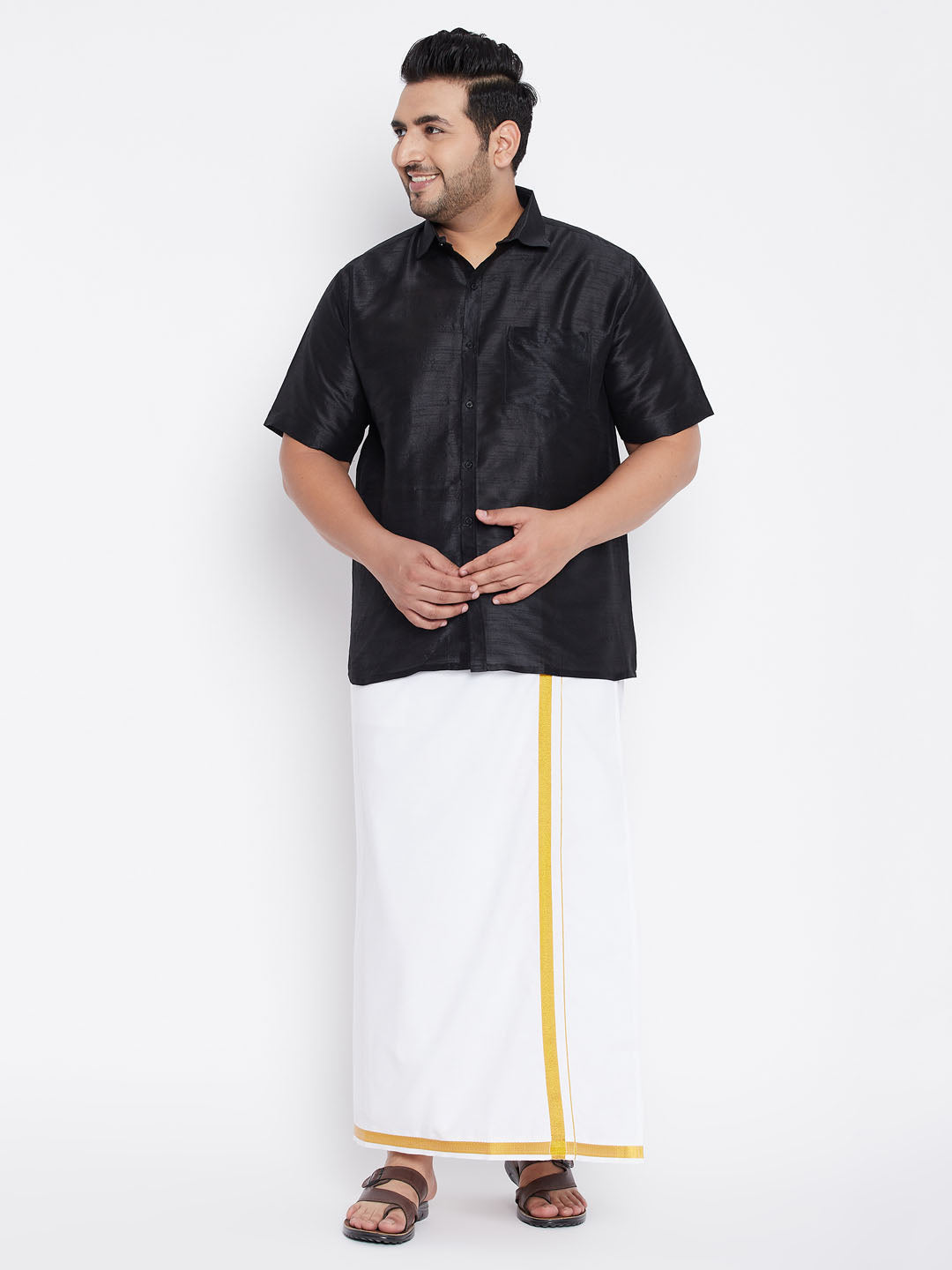 VASTRAMAY Men's Plus Size Black Silk Blend Ethnic Shirt with intricate embroidery and traditional design for formal or casual wear