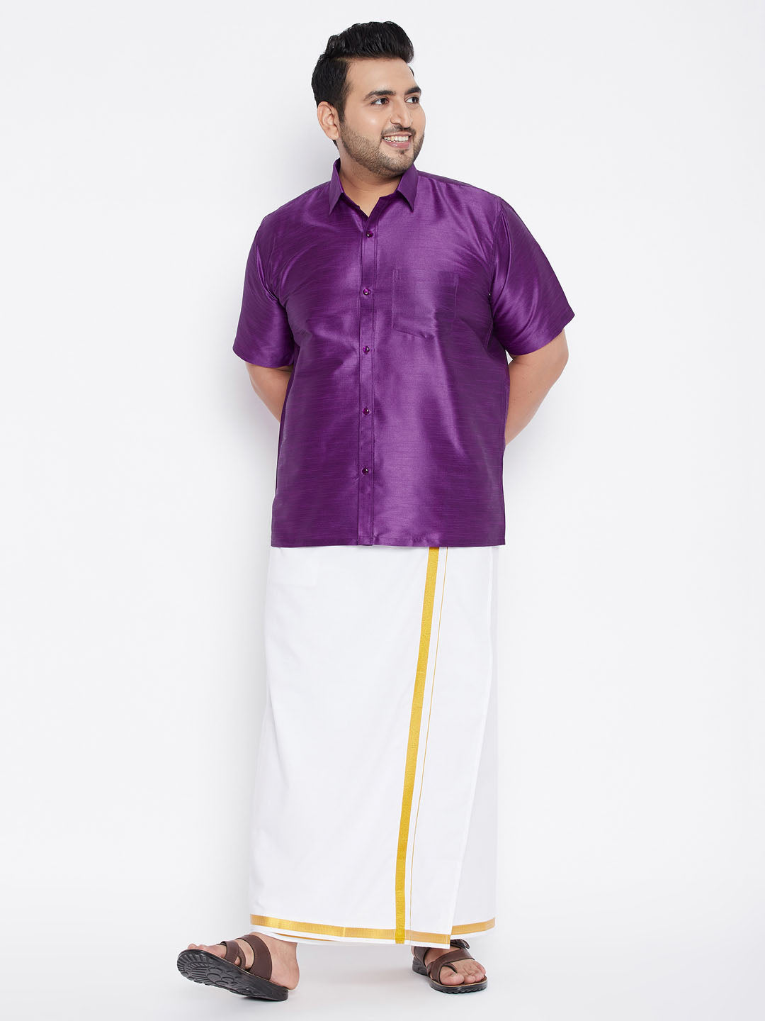 VASTRAMAY Men's Plus Size Purple Silk Blend Ethnic Shirt