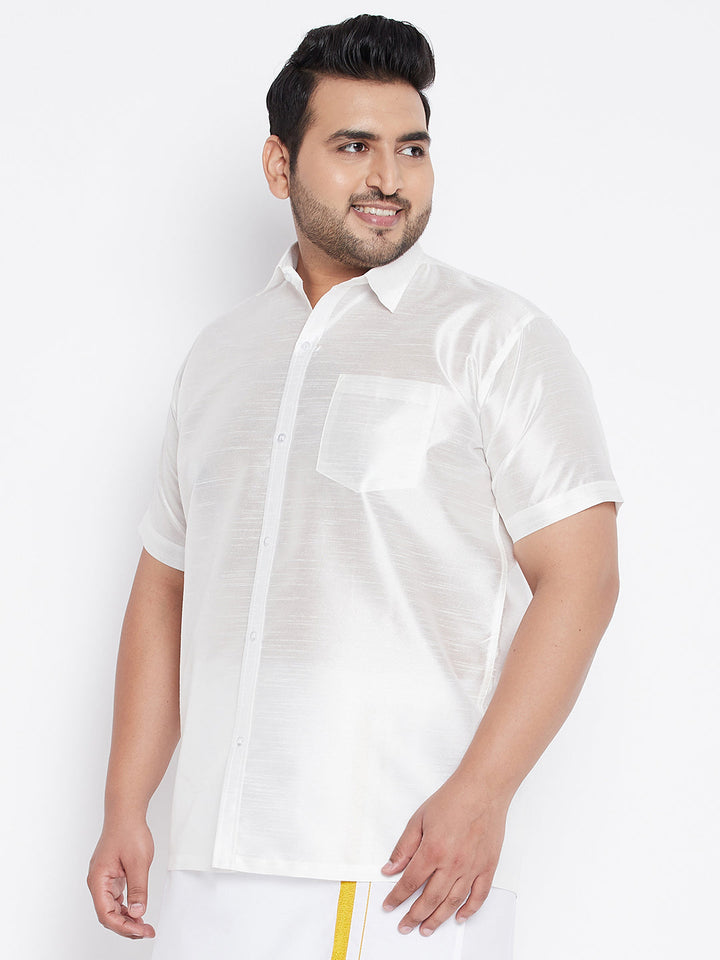 VASTRAMAY Men's Plus Size White Silk Blend Ethnic Shirt