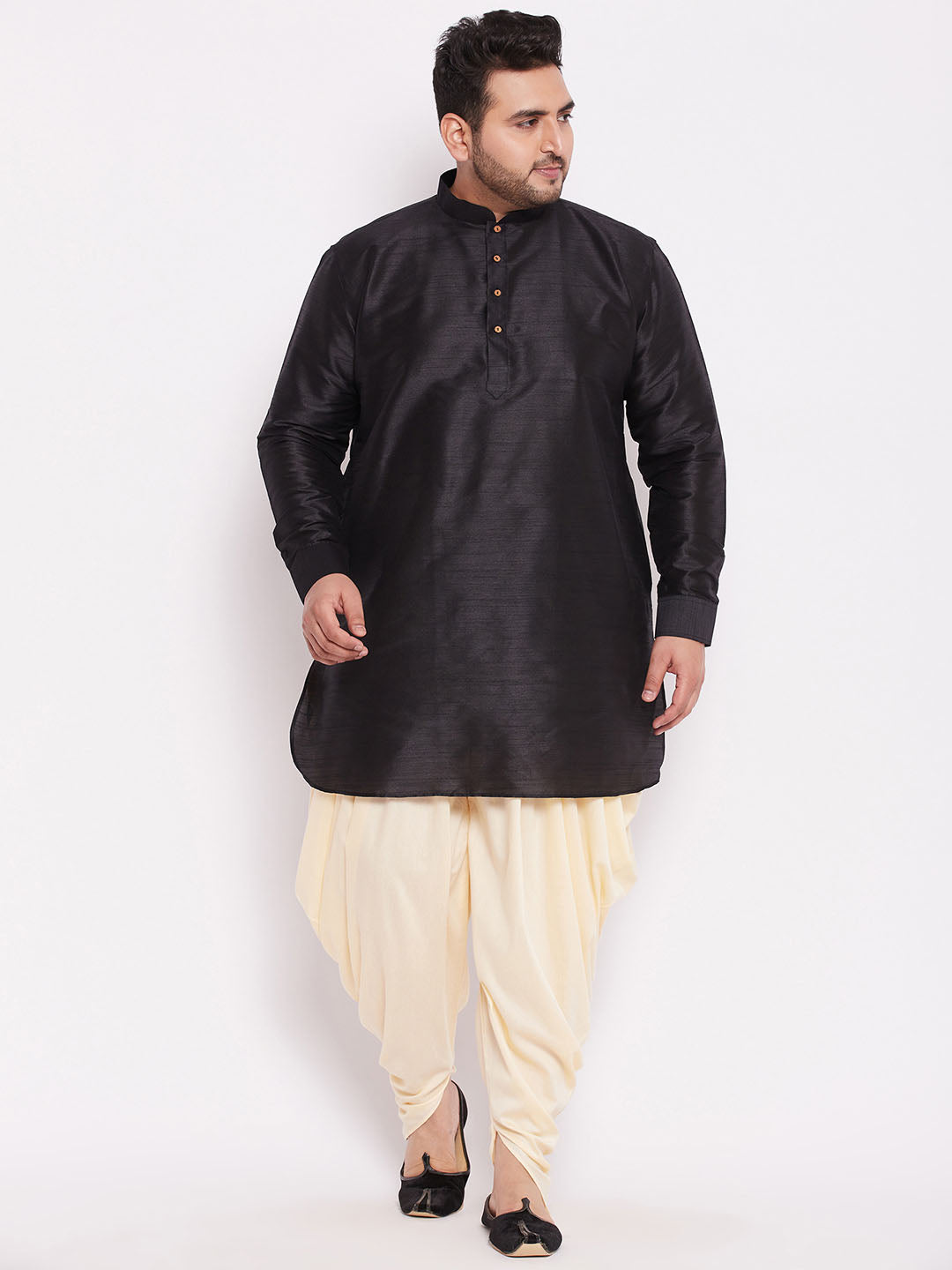 VASTRAMAY Men's Plus Size Black Silk Blend Curved Kurta Dhoti Set