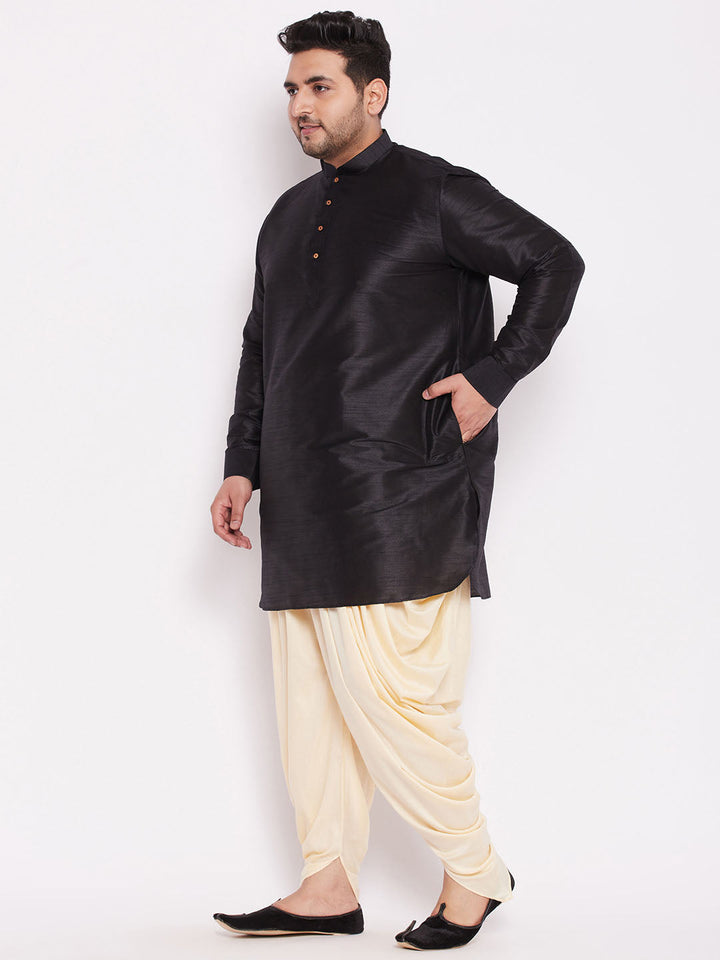 VASTRAMAY Men's Plus Size Black Silk Blend Curved Kurta Dhoti Set