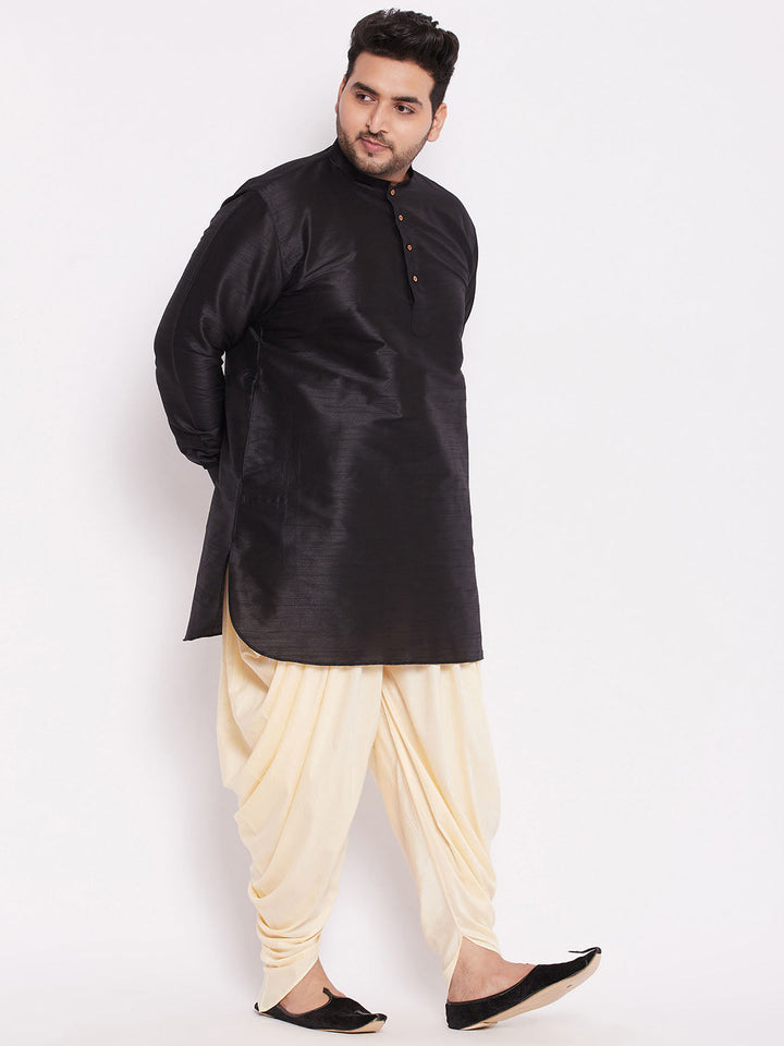 VASTRAMAY Men's Plus Size Black Silk Blend Curved Kurta Dhoti Set