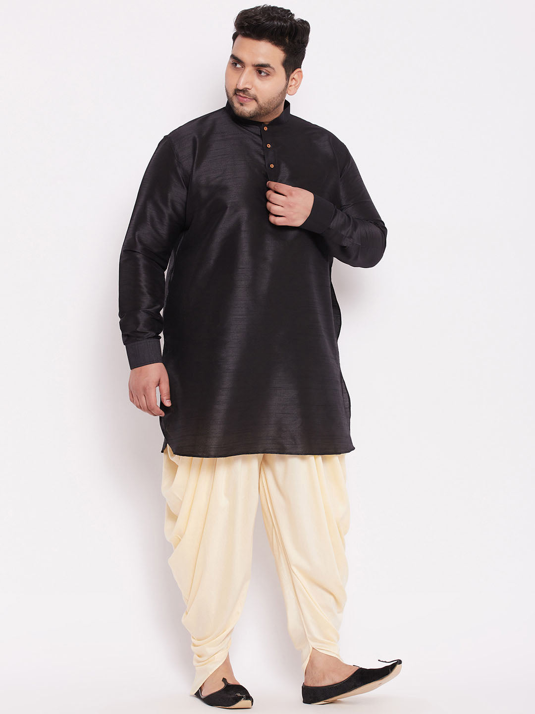 VASTRAMAY Men's Plus Size Black Silk Blend Curved Kurta Dhoti Set