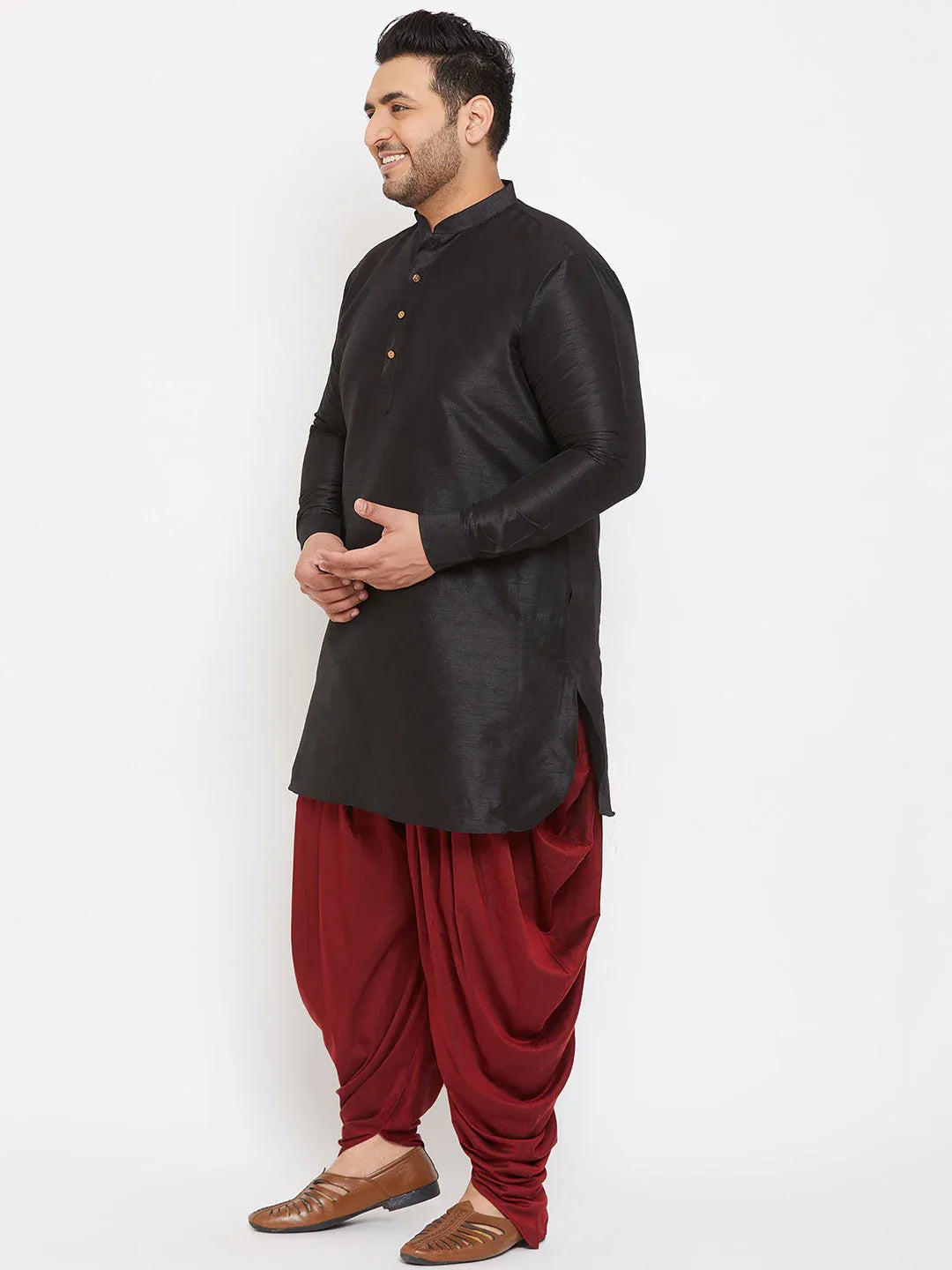 Men's Plus Size Black Silk Blend Curved Kurta Dhoti Set