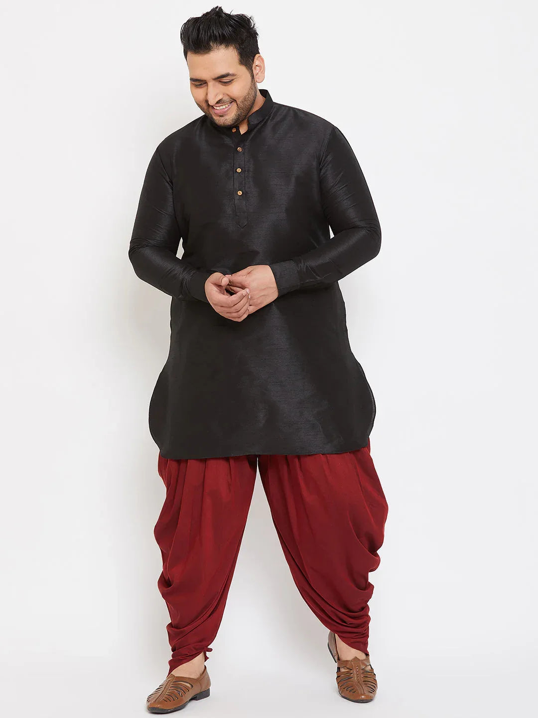 Men's Plus Size Black Silk Blend Curved Kurta Dhoti Set