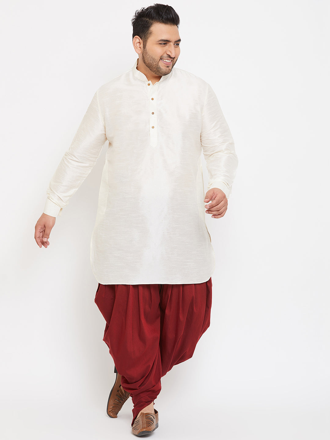 VASTRAMAY Men's Plus Size Cream Silk Blend Curved Kurta